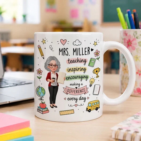 Personalized Ceramic Mug for Teacher, Cute Teacher Illustration & School Icons, Unique Back-to-School Gift - Image 4