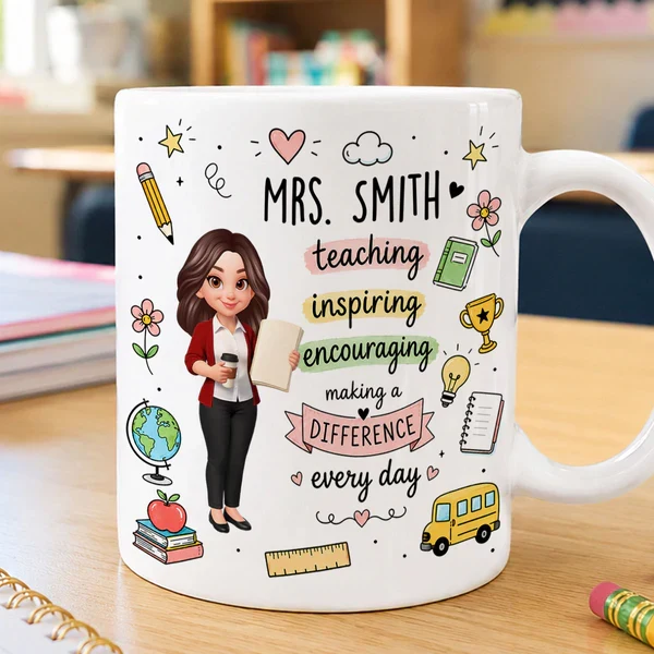 Personalized Ceramic Mug for Teacher, Cute Teacher Illustration & School Icons, Unique Back-to-School Gift - Image 5