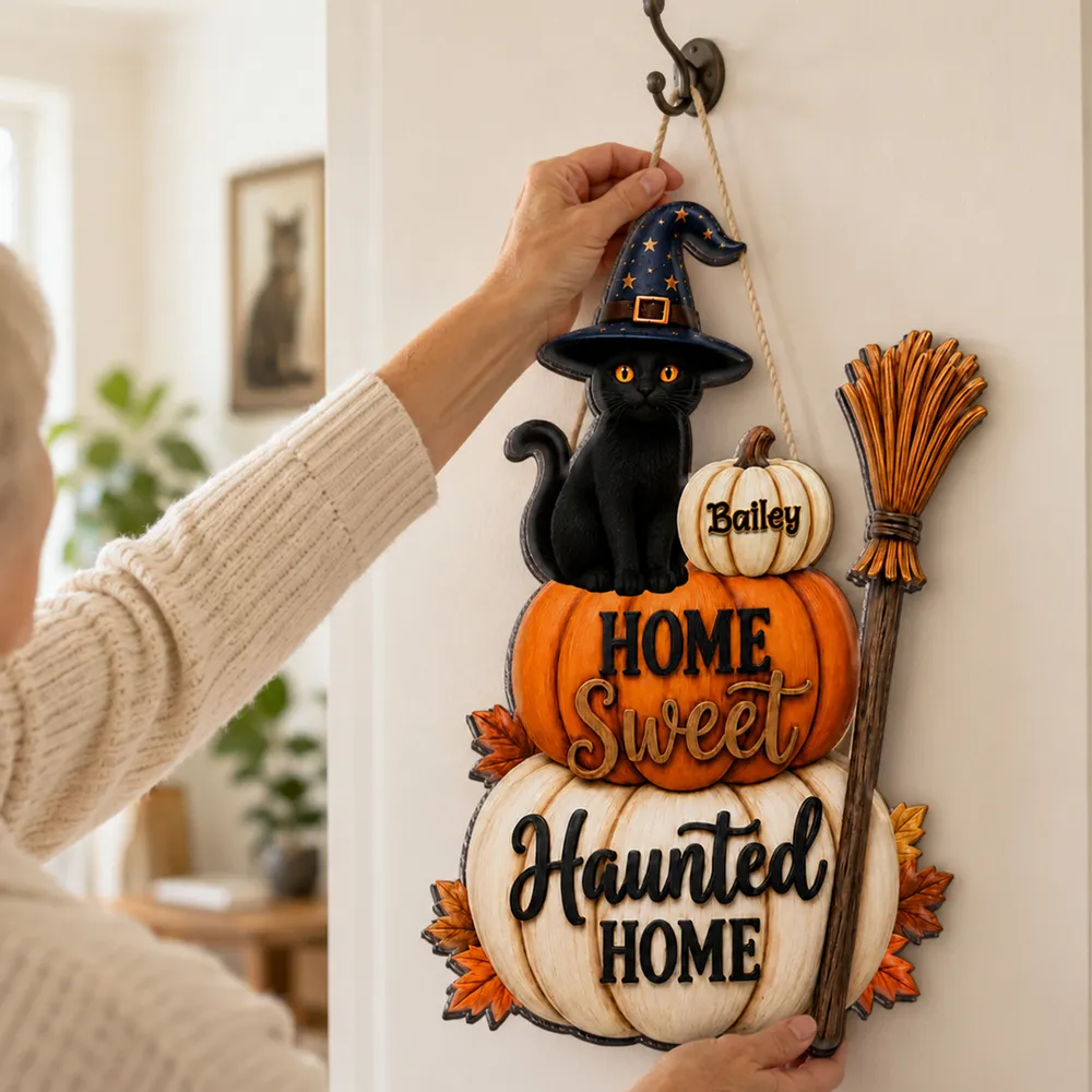 Personalized Wooden Sign With Witch Cat & Pumpkins, Halloween Door Decor, Unique Gift For Cat Lovers - Image 3