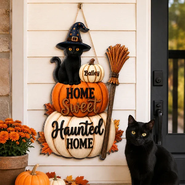 Personalized Wooden Sign With Witch Cat & Pumpkins, Halloween Door Decor, Unique Gift For Cat Lovers - Image 5