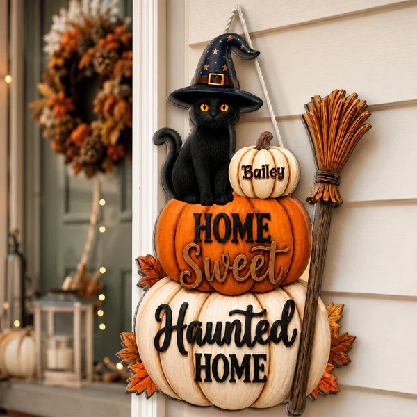 Personalized Wooden Sign With Witch Cat & Pumpkins, Halloween Door Decor, Unique Gift For Cat Lovers - Image 7