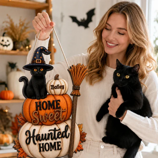 Personalized Wooden Sign With Witch Cat & Pumpkins, Halloween Door Decor, Unique Gift For Cat Lovers - Image 8