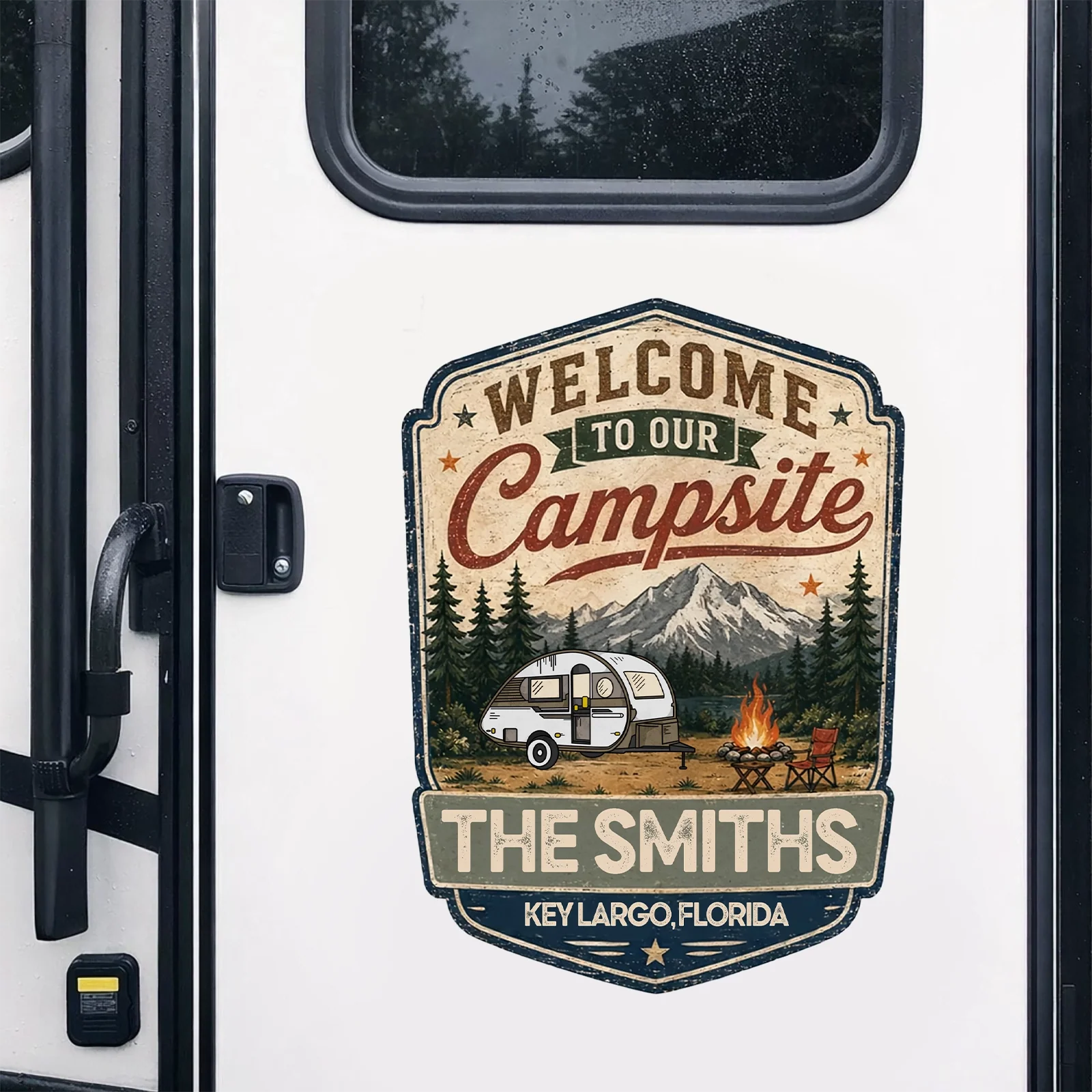 Personalized RV Sticker Decal, Vintage Campsite Camper Design, Unique Creative Gift for Campers