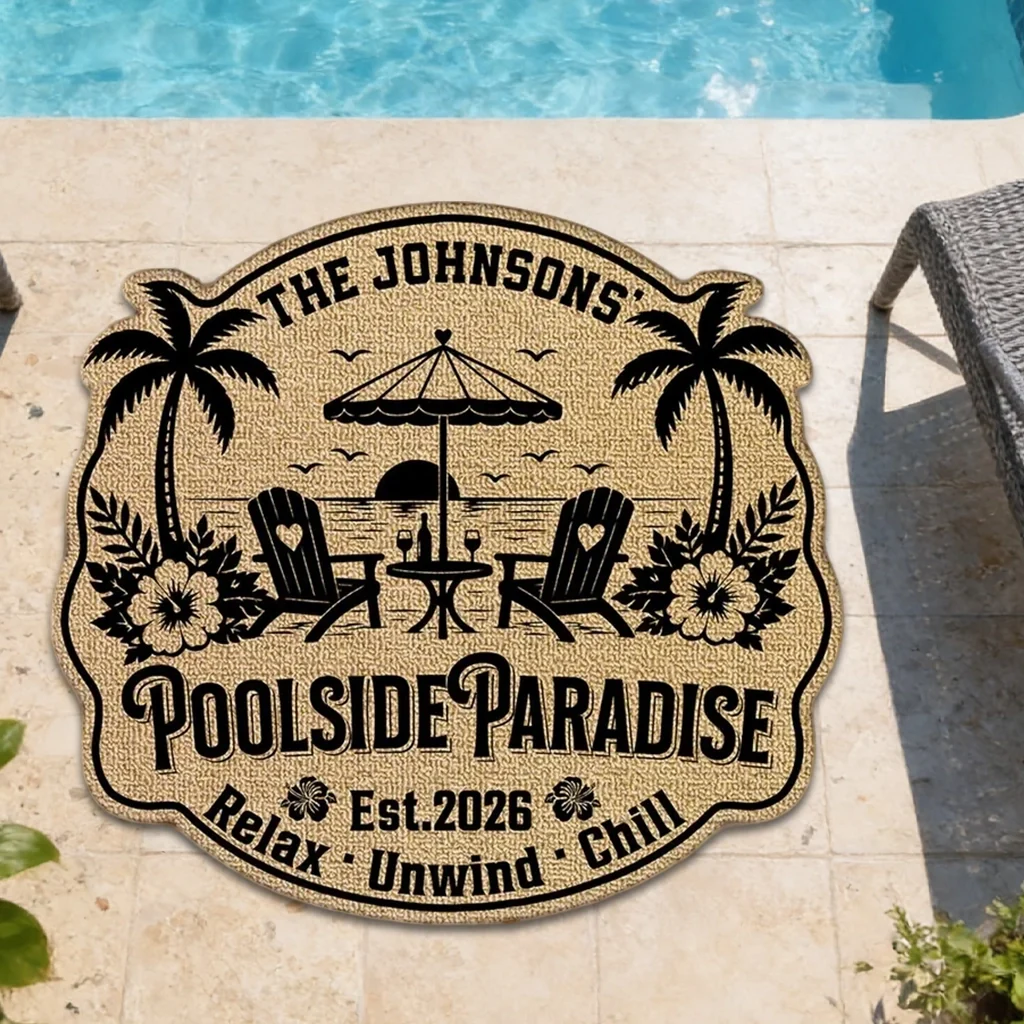 Personalized Shaped Doormat, Poolside Paradise Design, Unique Gift for Pool Owners & Families