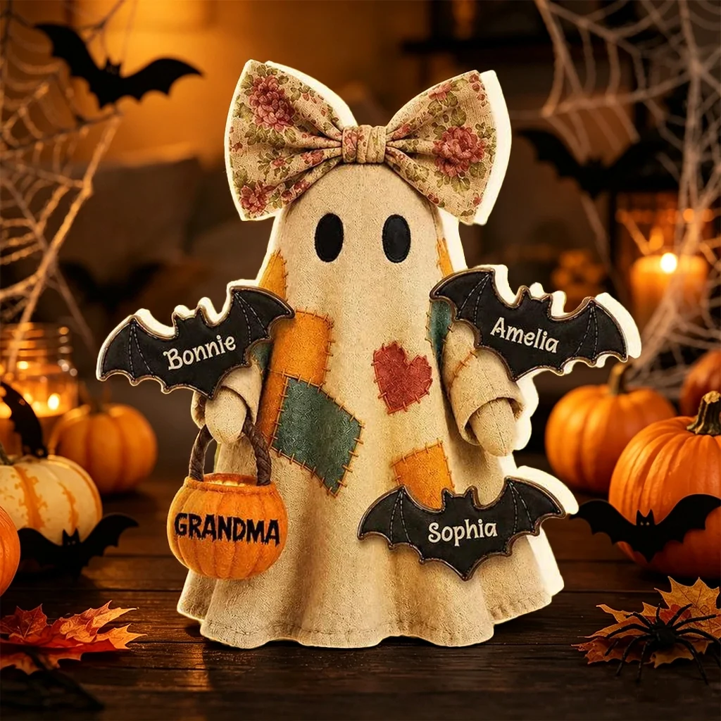 Personalized Grandma Ghost Acrylic Light Box, Patchwork Design with Bats, Unique Halloween Gift for Grandma