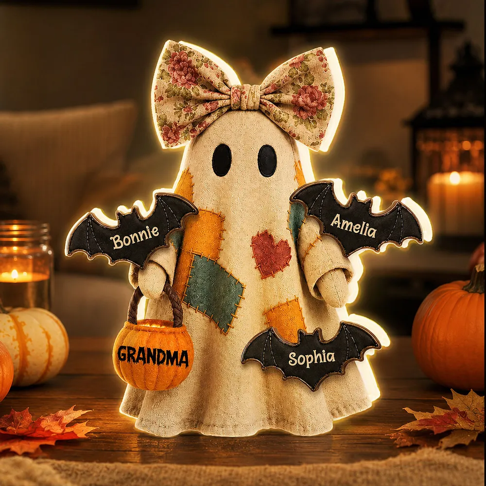 Personalized Grandma Ghost Acrylic Light Box, Patchwork Design with Bats, Unique Halloween Gift for Grandma - Image 2