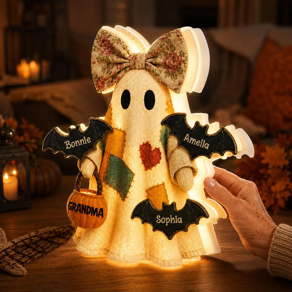 Personalized Grandma Ghost Acrylic Light Box, Patchwork Design with Bats, Unique Halloween Gift for Grandma - Image 3