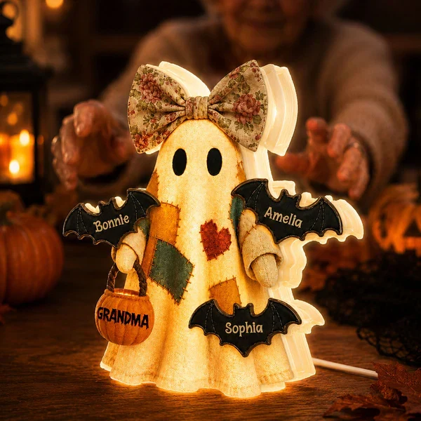 Personalized Grandma Ghost Acrylic Light Box, Patchwork Design with Bats, Unique Halloween Gift for Grandma - Image 8