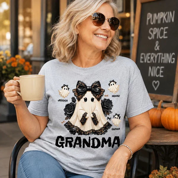 Custom Grandma Halloween Classic Tee, Cute Ghost Family Party Outfit, Unique Gift For Nana - Image 3