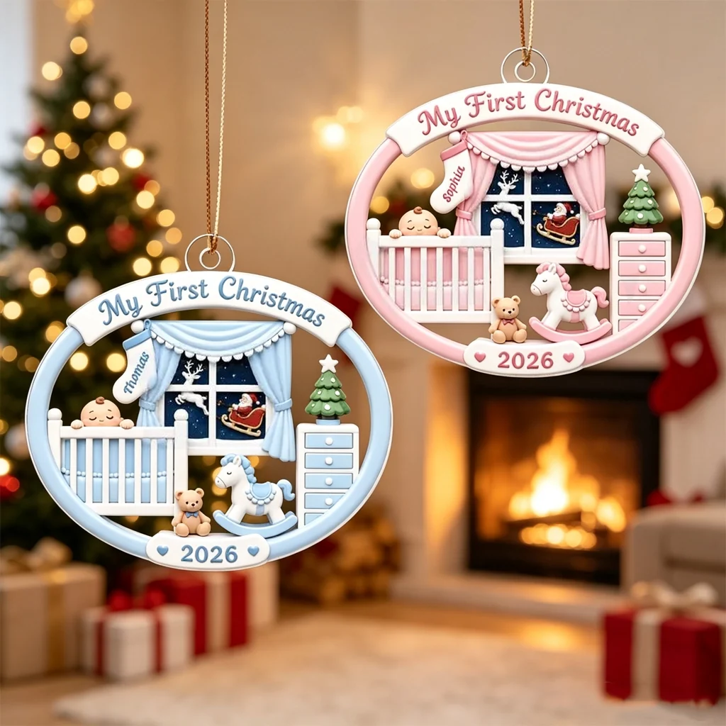 Personalized Acrylic Ornament, Baby's First Christmas Nursery Scene, Unique Gift for New Parents