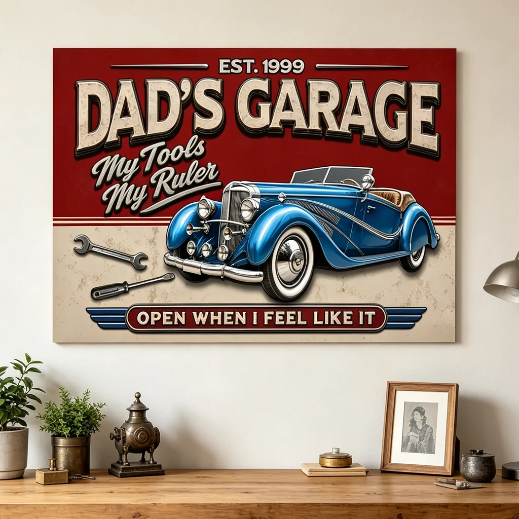 Personalized Dad's Garage Poster, Vintage Car Wall Art, Unique Creative Gift for Dad or Grandpa