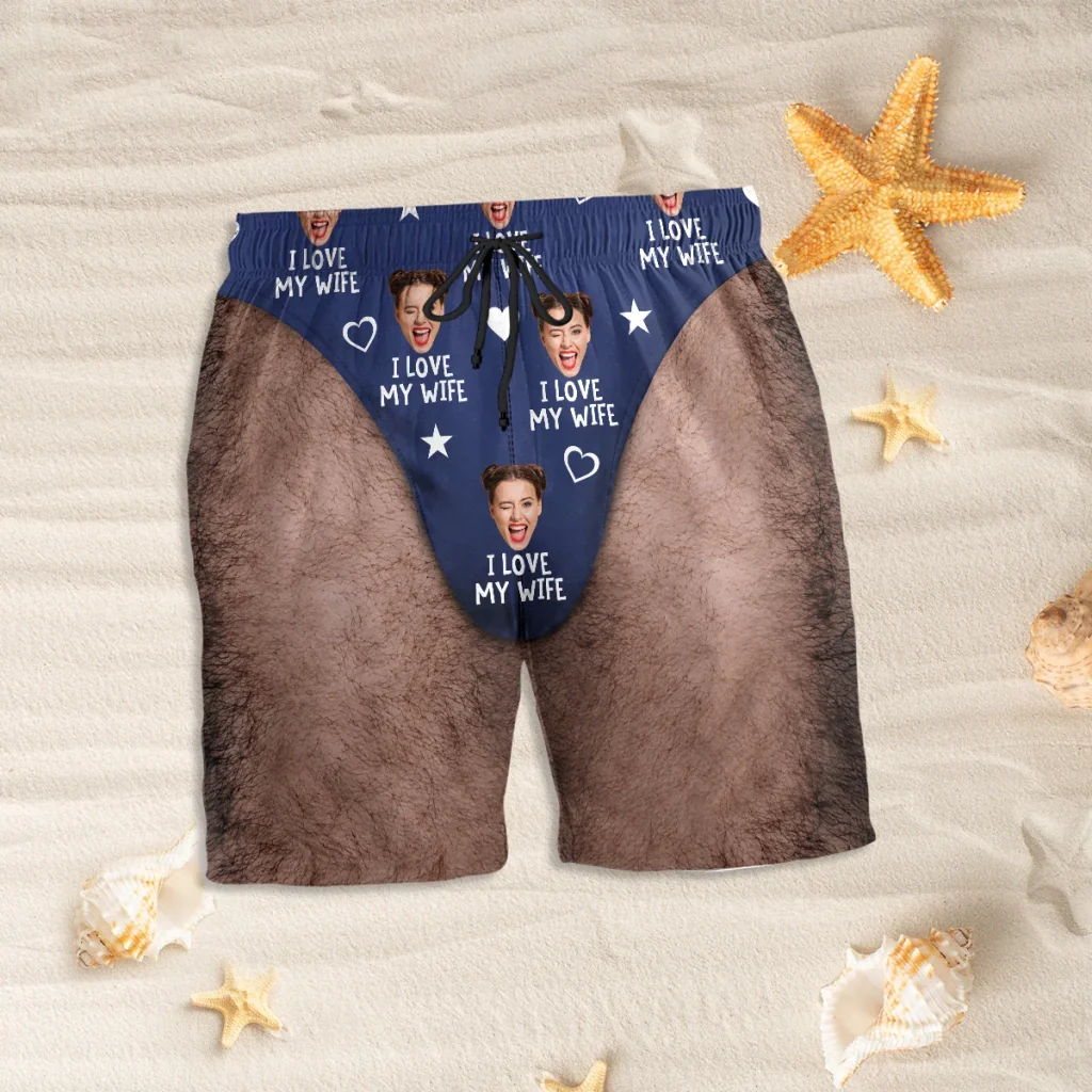 Personalized Men's Beach Shorts, I Love My Wife Red Funny Design, Unique Gift for Husband - Image 3