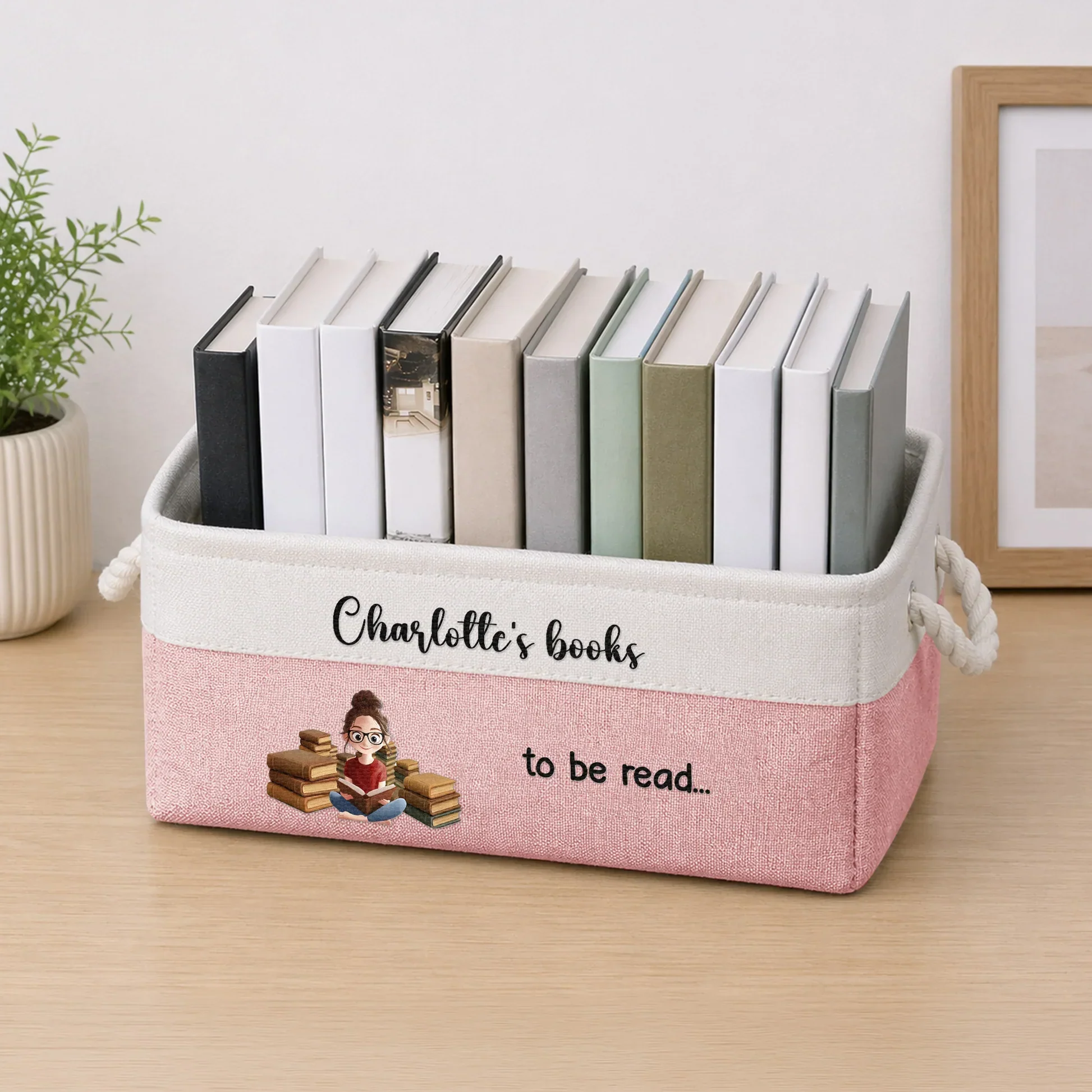 Personalized Cotton Linen Rope Basket with To Be Read Design, Creative Gift for Kids Reading Nook - Image 2