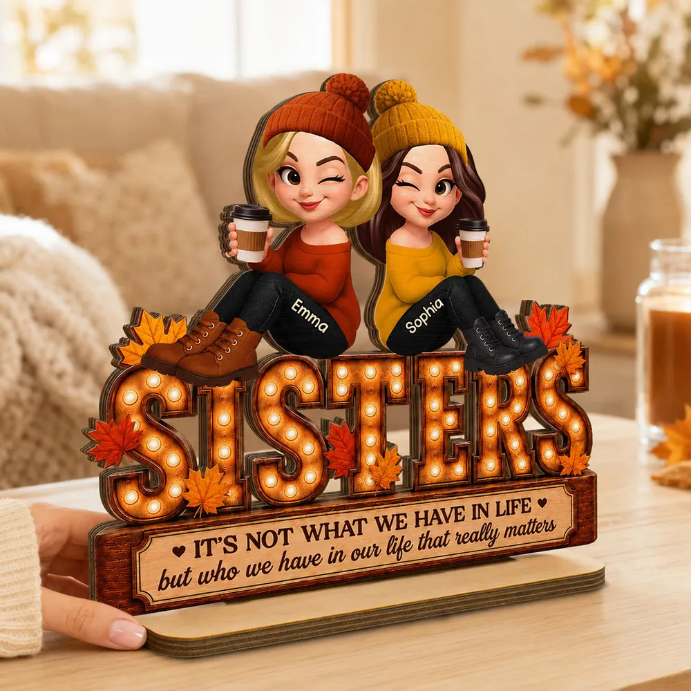 Personalized 2-Layer Wooden Plaque, Fall Besties Cartoon Coffee Scene, Unique Gift for Sister or Friend - Image 3