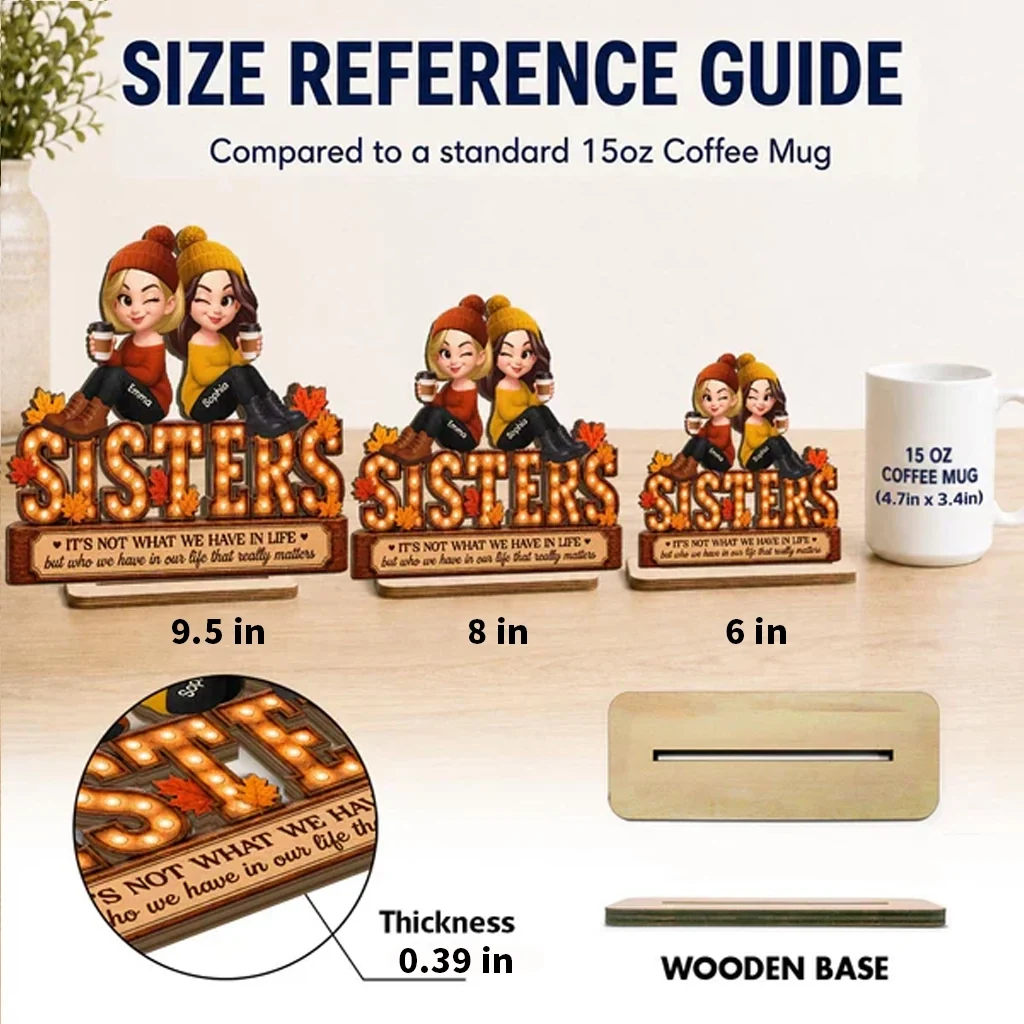 Personalized 2-Layer Wooden Plaque, Fall Besties Cartoon Coffee Scene, Unique Gift for Sister or Friend - Image 4
