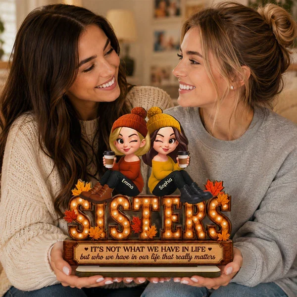 Personalized 2-Layer Wooden Plaque, Fall Besties Cartoon Coffee Scene, Unique Gift for Sister or Friend - Image 8