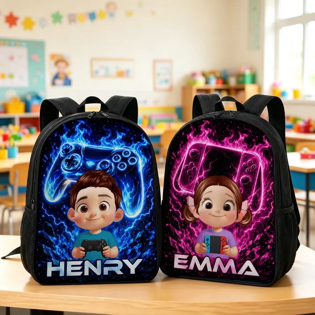 Personalized Kids School Backpack, Neon Gamer Design for Son or Daughter, Unique Back to School Gift