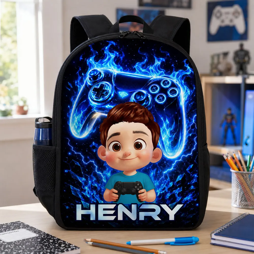Personalized Kids School Backpack, Neon Gamer Design for Son or Daughter, Unique Back to School Gift - Image 2