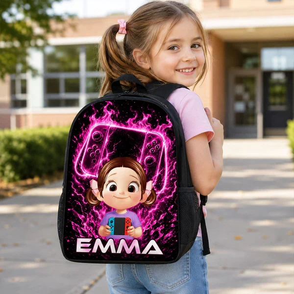 Personalized Kids School Backpack, Neon Gamer Design for Son or Daughter, Unique Back to School Gift - Image 3