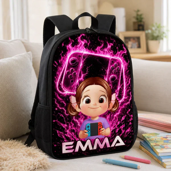 Personalized Kids School Backpack, Neon Gamer Design for Son or Daughter, Unique Back to School Gift - Image 6