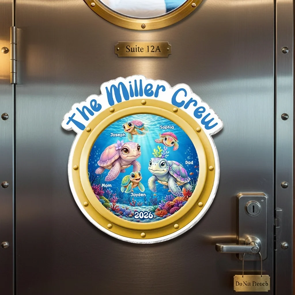 Personalized Family Cruise Acrylic Magnet, Cute Sea Turtle Porthole Door Decor, Unique Gift for Families