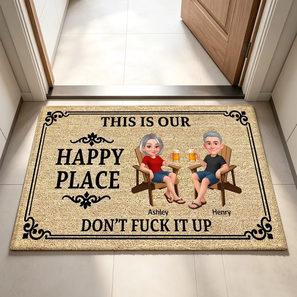 Happy Place Doormat, Personalized Couple Entryway Decor, Unique Creative Gift For Home