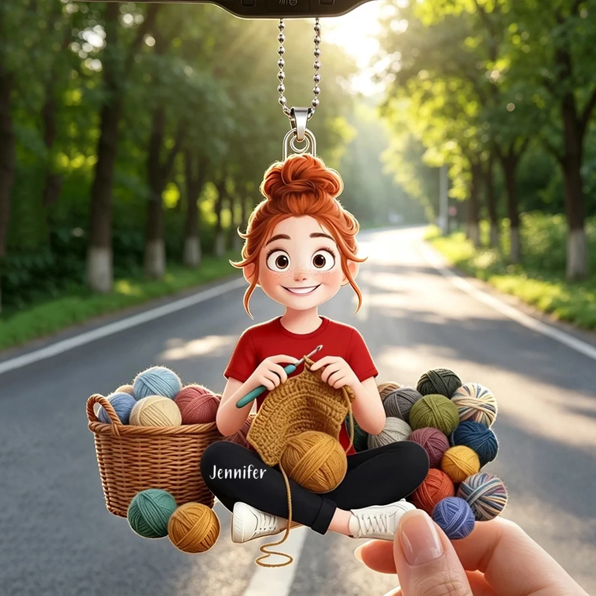 Personalized Acrylic Car Hanger with Cute Crocheting Woman, Warm Yarn Art, Unique Gift for Craft Lovers