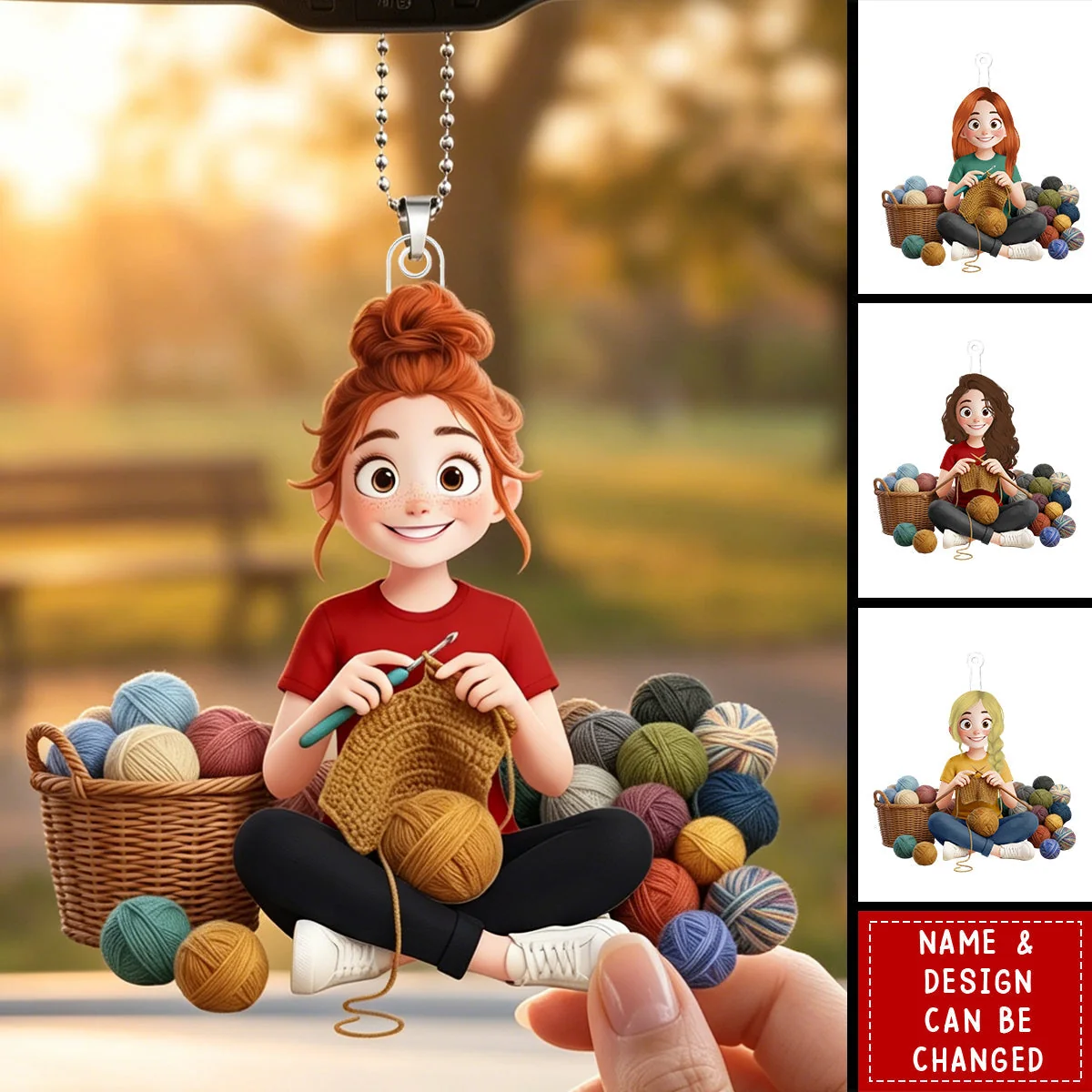 Personalized Acrylic Car Hanger with Cute Crocheting Woman, Warm Yarn Art, Unique Gift for Craft Lovers - Image 2