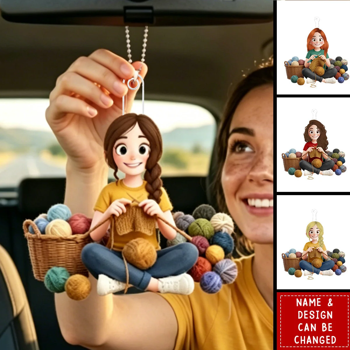 Personalized Acrylic Car Hanger with Cute Crocheting Woman, Warm Yarn Art, Unique Gift for Craft Lovers - Image 3