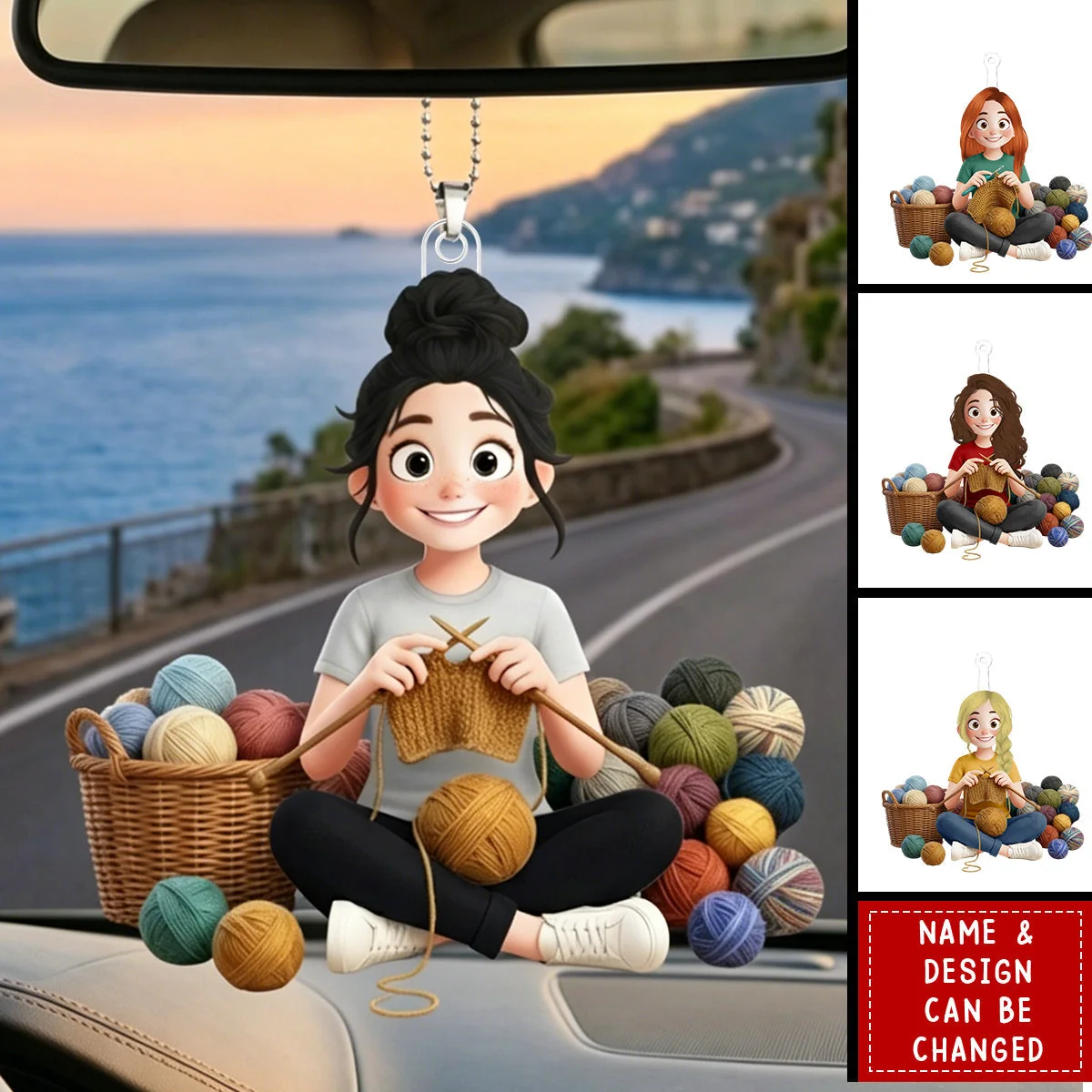 Personalized Acrylic Car Hanger with Cute Crocheting Woman, Warm Yarn Art, Unique Gift for Craft Lovers - Image 4