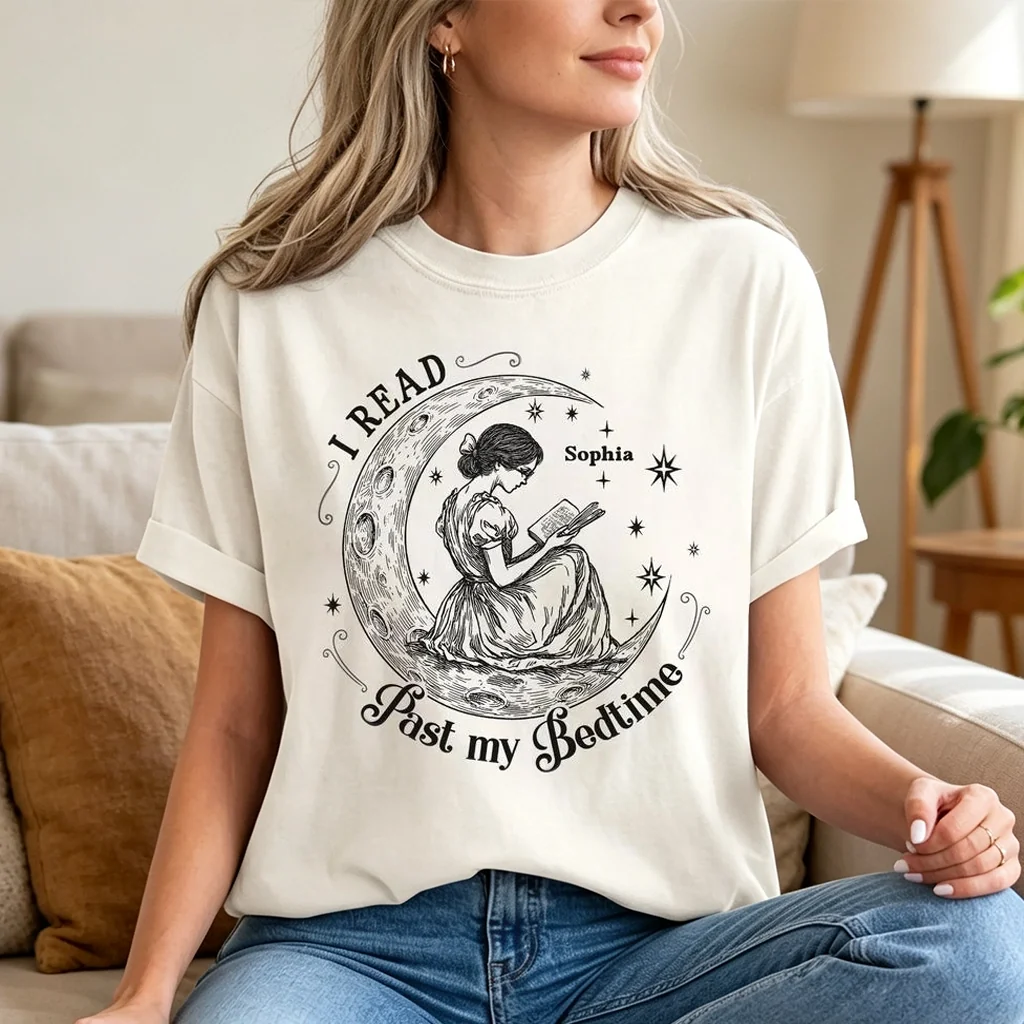 Personalized Classic Tee, Woman Reading on Crescent Moon, Unique Gift for Book Lovers