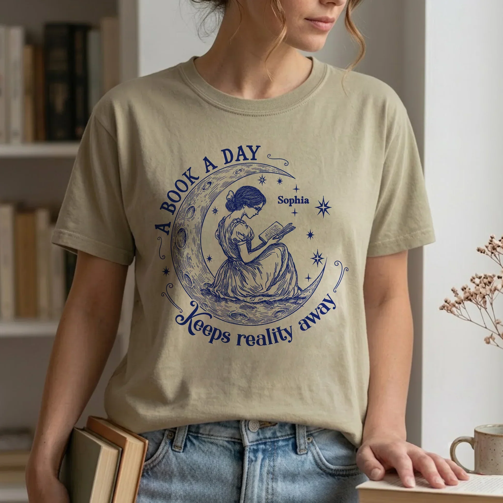 Personalized Classic Tee, Woman Reading on Crescent Moon, Unique Gift for Book Lovers - Image 2