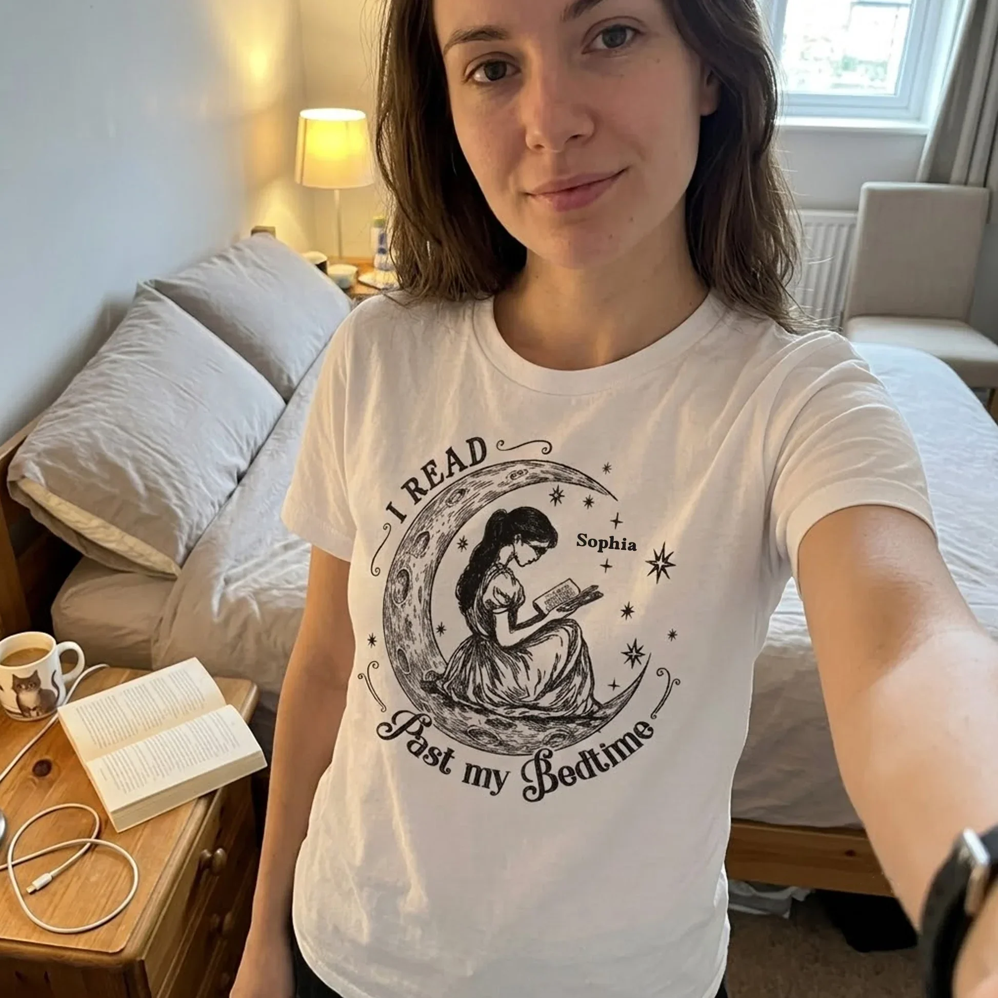Personalized Classic Tee, Woman Reading on Crescent Moon, Unique Gift for Book Lovers - Image 3