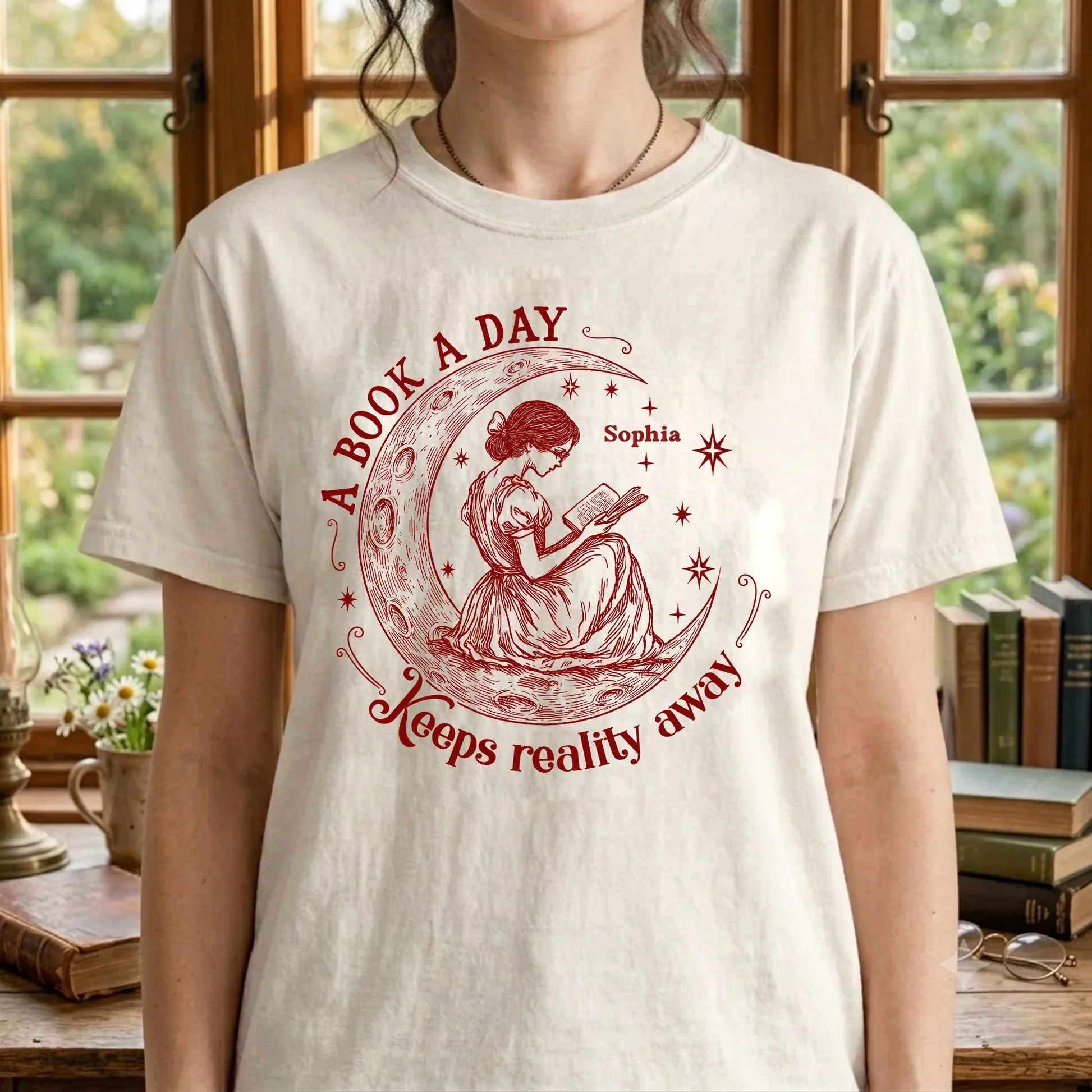 Personalized Classic Tee, Woman Reading on Crescent Moon, Unique Gift for Book Lovers - Image 4