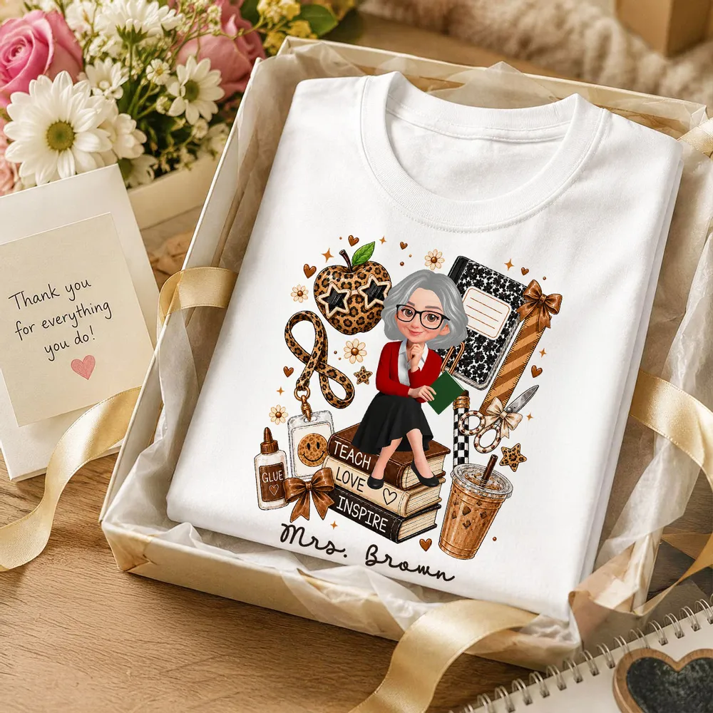 Personalized Teacher Classic Tee, Sitting Teacher & Leopard Apple, Unique Back to School Gift - Image 2