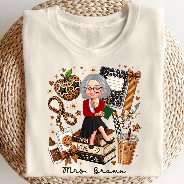 Personalized Teacher Classic Tee, Sitting Teacher & Leopard Apple, Unique Back to School Gift - Image 4