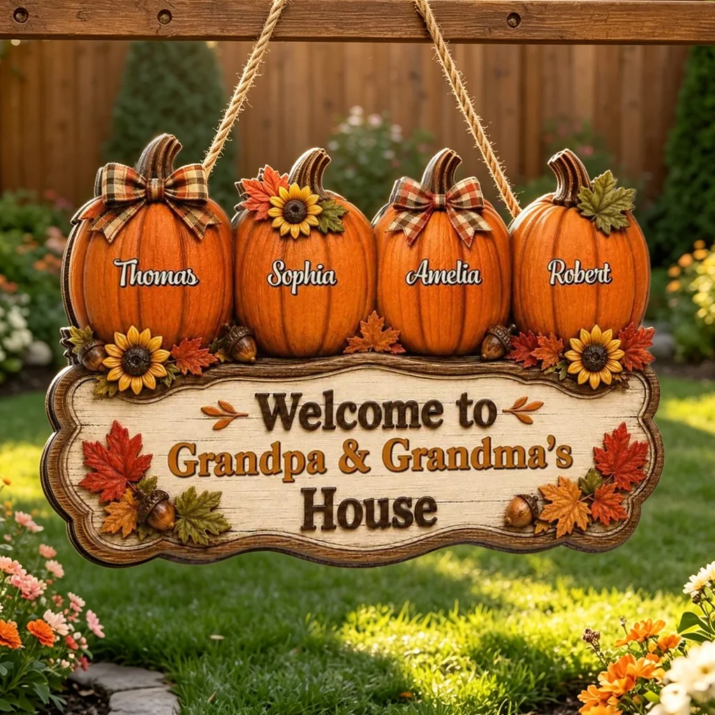 Personalized Wooden Sign with Fall Pumpkins, Unique Gift for Grandma & Grandpa's Cozy House