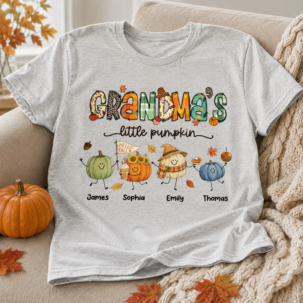 Personalized Classic Tee, Grandma's Little Pumpkin Fall Doodle Shirt, Unique Gift for Grandma - Image 2