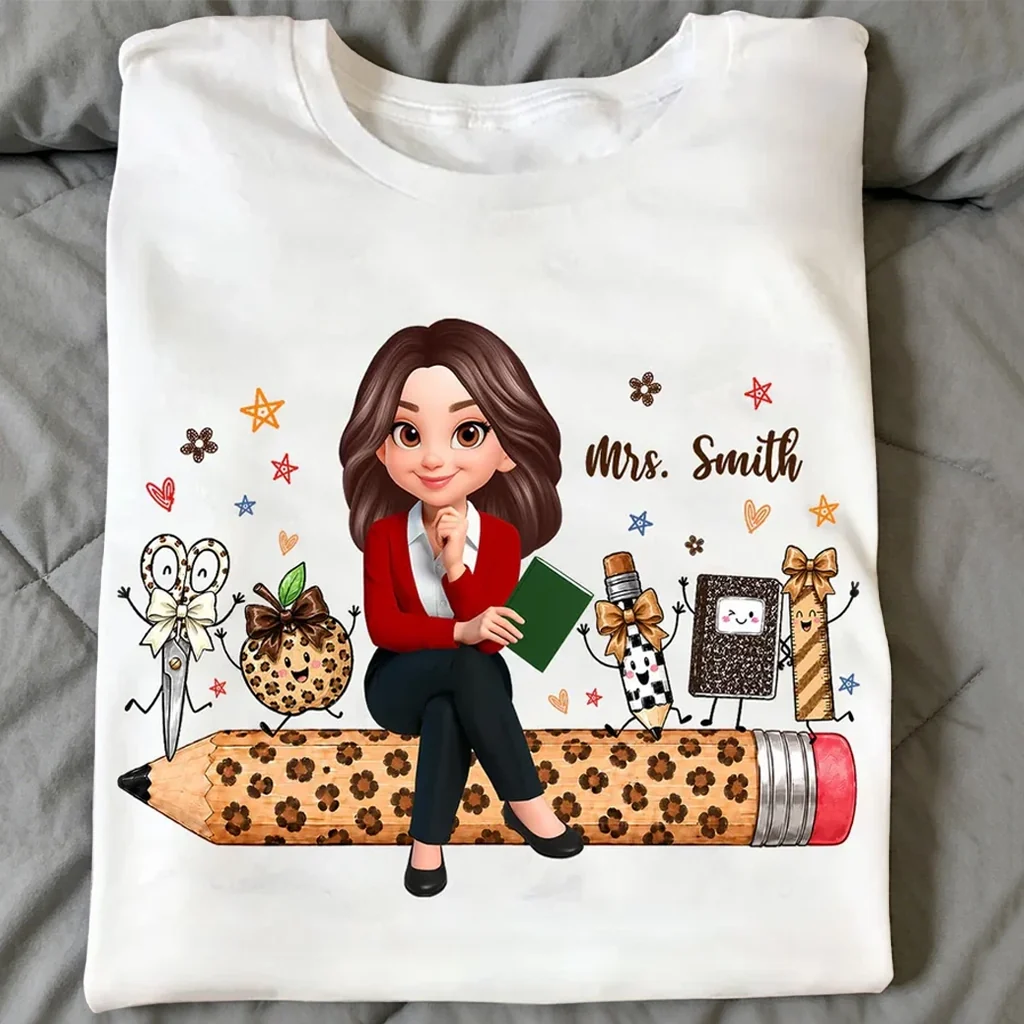 Personalized Teacher Classic Tee, Leopard Pencil & School Supplies, Unique Gift for Back to School