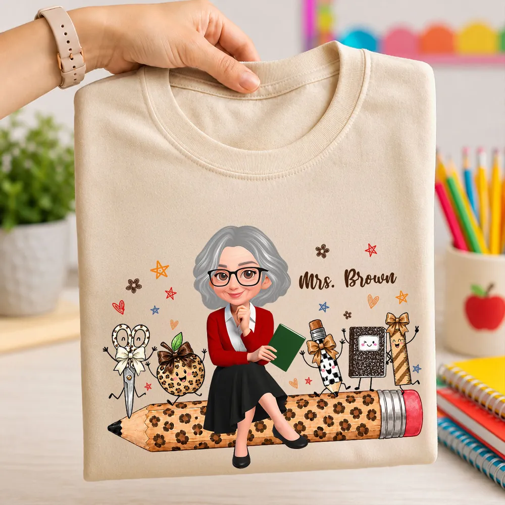 Personalized Teacher Classic Tee, Leopard Pencil & School Supplies, Unique Gift for Back to School - Image 2