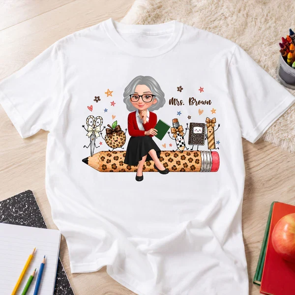 Personalized Teacher Classic Tee, Leopard Pencil & School Supplies, Unique Gift for Back to School - Image 4