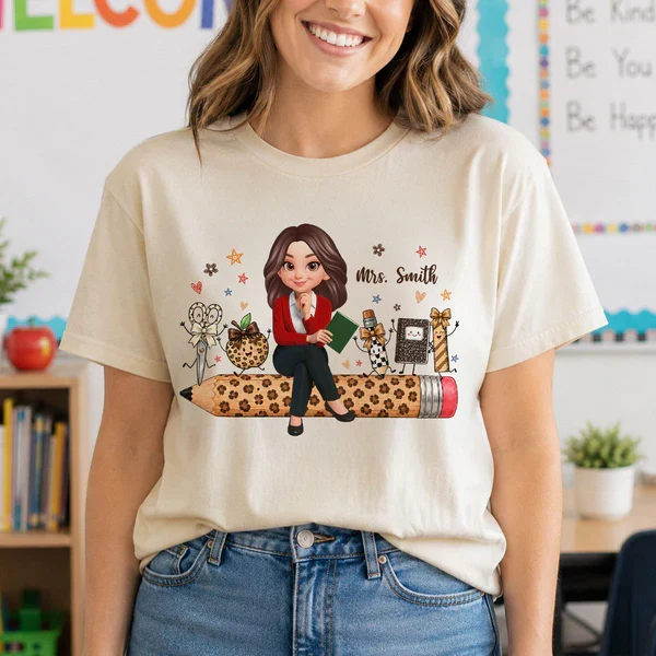 Personalized Teacher Classic Tee, Leopard Pencil & School Supplies, Unique Gift for Back to School - Image 5