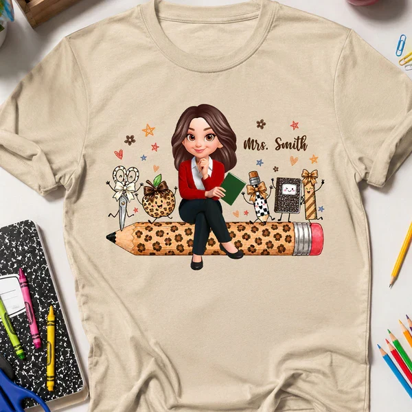 Personalized Teacher Classic Tee, Leopard Pencil & School Supplies, Unique Gift for Back to School - Image 6