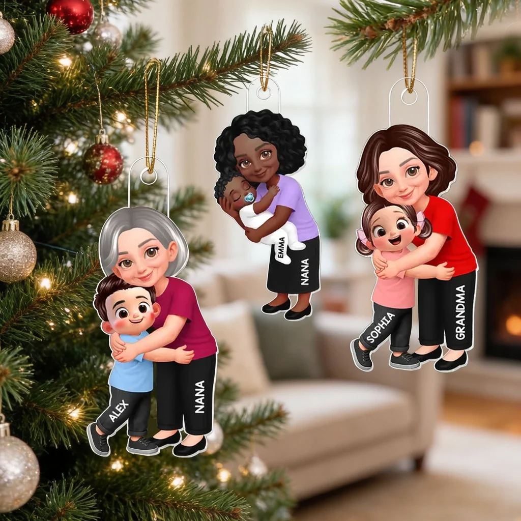 Personalized Acrylic Ornament For Grandma, Hugging Grandchild Cartoon, Creative Gift For Family Memories