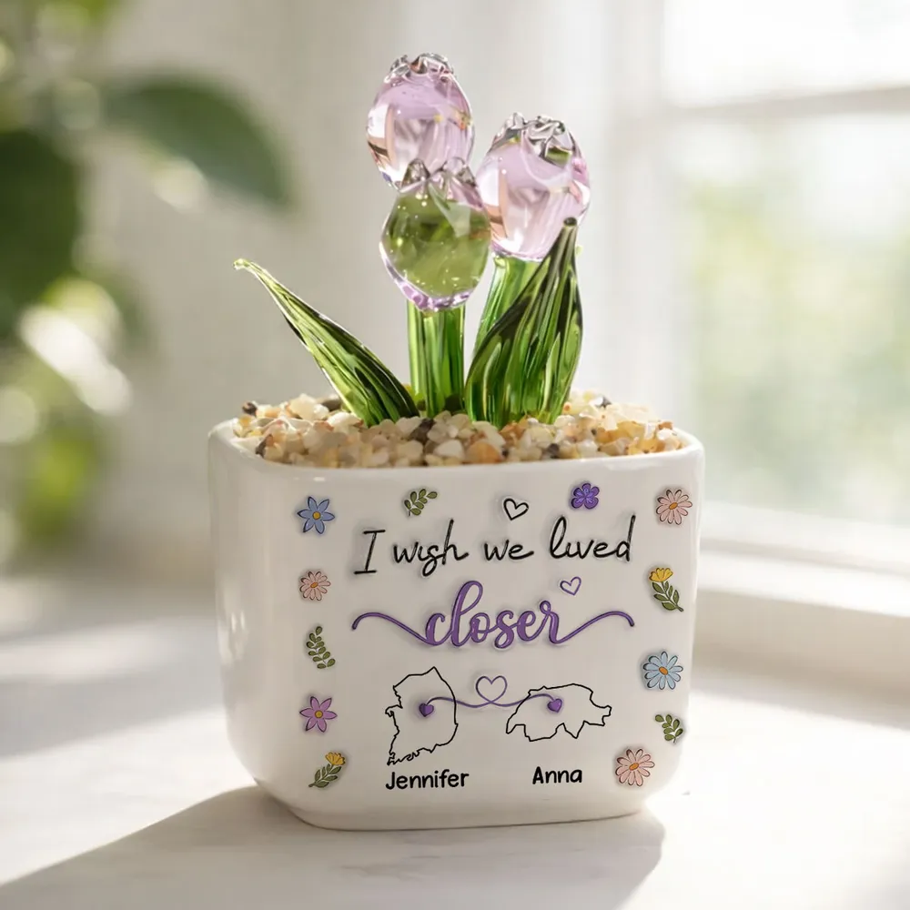 Personalized Square Glass Planter With Purple Tulips, I Wish We Lived Closer, Unique Gift For Friend - Image 2
