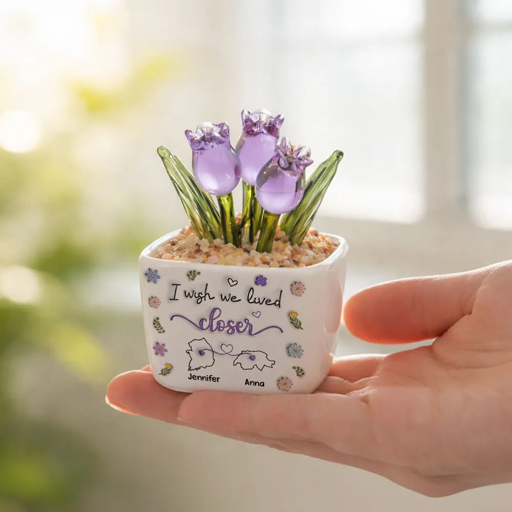 Personalized Square Glass Planter With Purple Tulips, I Wish We Lived Closer, Unique Gift For Friend - Image 3