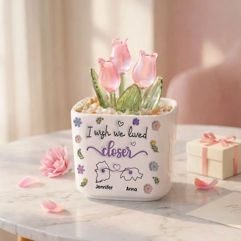 Personalized Square Glass Planter With Purple Tulips, I Wish We Lived Closer, Unique Gift For Friend - Image 6