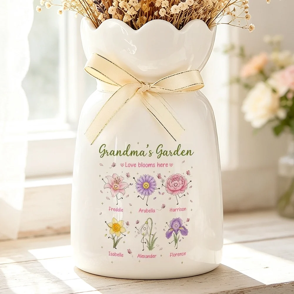 Personalized Scalloped Rim Ceramic Vase, Grandma's Garden Birth Flower Doodles, Unique Gift for Grandma