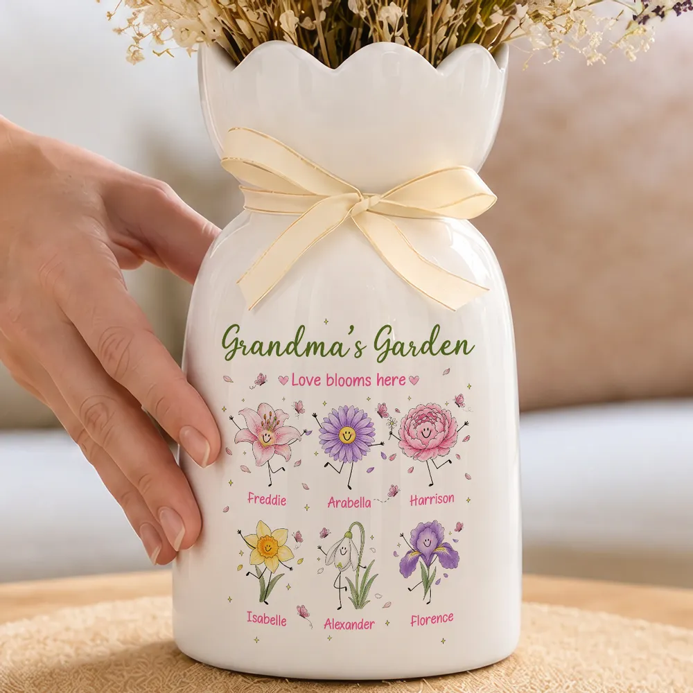 Personalized Scalloped Rim Ceramic Vase, Grandma's Garden Birth Flower Doodles, Unique Gift for Grandma - Image 2
