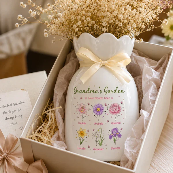 Personalized Scalloped Rim Ceramic Vase, Grandma's Garden Birth Flower Doodles, Unique Gift for Grandma - Image 3